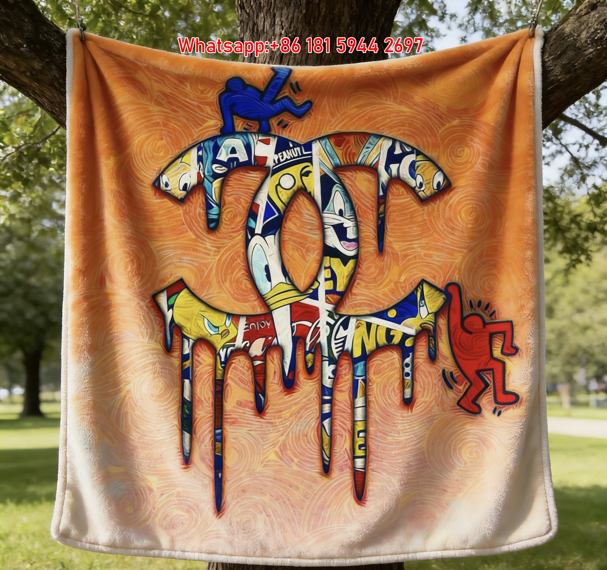Chanel Dripping Cartoon Graffiti Double C Flannel Throw Blanket IMG_6939